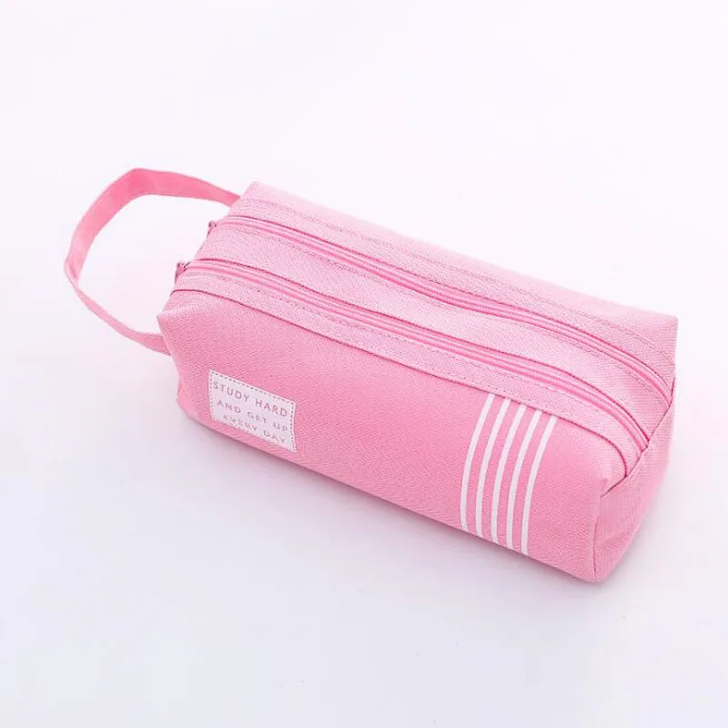 Pencil Case Solid Estuche Escolar Double Zipper Large Trousse Scolaire Stylo Pencilcase Stripe Canvas | Канцтовары для офиса и