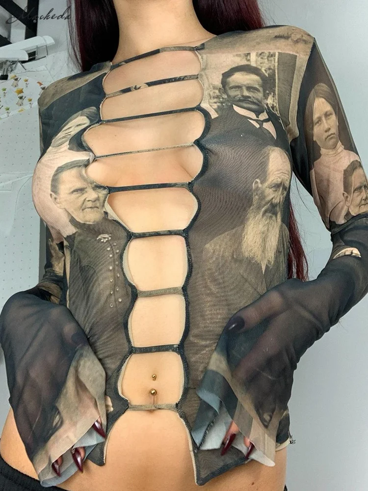 

Macheda Autumn hollowed-out bodice figure print retro fashion crop top Chest elastic band of different lengths fashion unique
