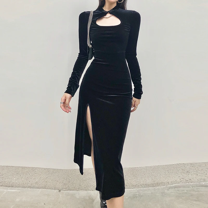 

WEPBEL Solid Hollow Out Dress Women's Vintage Slim Fit Slit Dress Summer Sexy Halterneck Long-Sleeved High Waist Dress