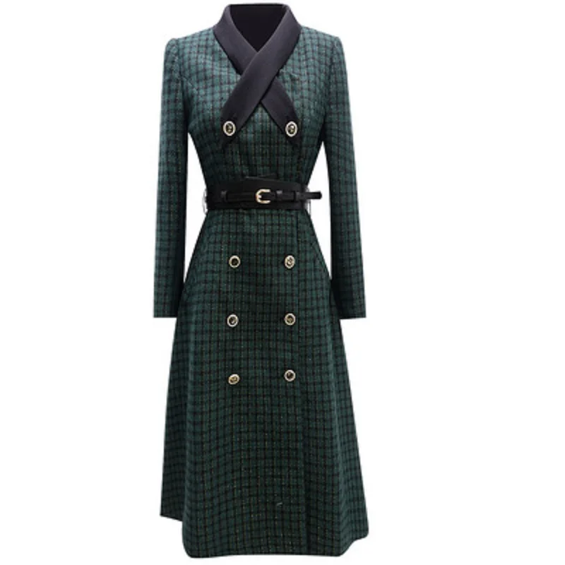 

solid print 2021 Plaid Vintage dress women autumn Winter retro Office lady high waist mid length A-line double breasted skirt