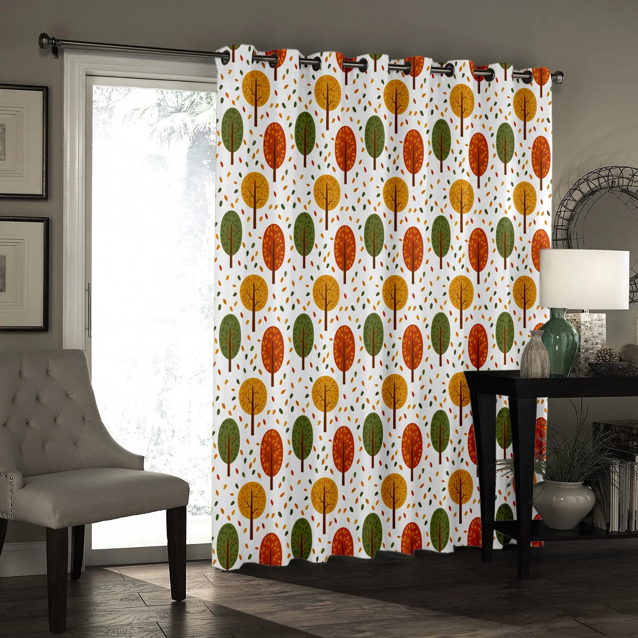 Осенняя Тема желтый лист лес комната шторы большие окна темные жалюзи Гостиная