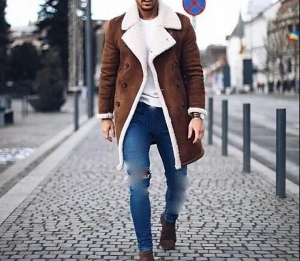 

VS&LLWQ Winter Men Fur Fleece Trench Coat Overcoat Lapel Warm Fluffy Buttons Outerwear Overcoat Lapel Fluffy Jacket Outerwear