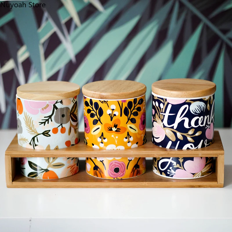 

Creative Household Ceramic Storage Jar Wooden Lid Snack Storage Box Grain Coffee Sealed Jar Kitchen Supplies Cereal Dispenser