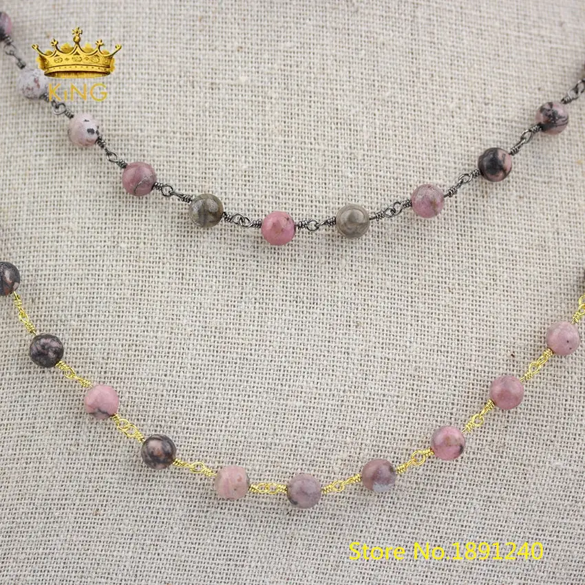 

5meters Rhodonite Round Beads Chain Findings,Natural Stones Beaded Chain for Jewelry Making Body Chain Supplies Wholesale