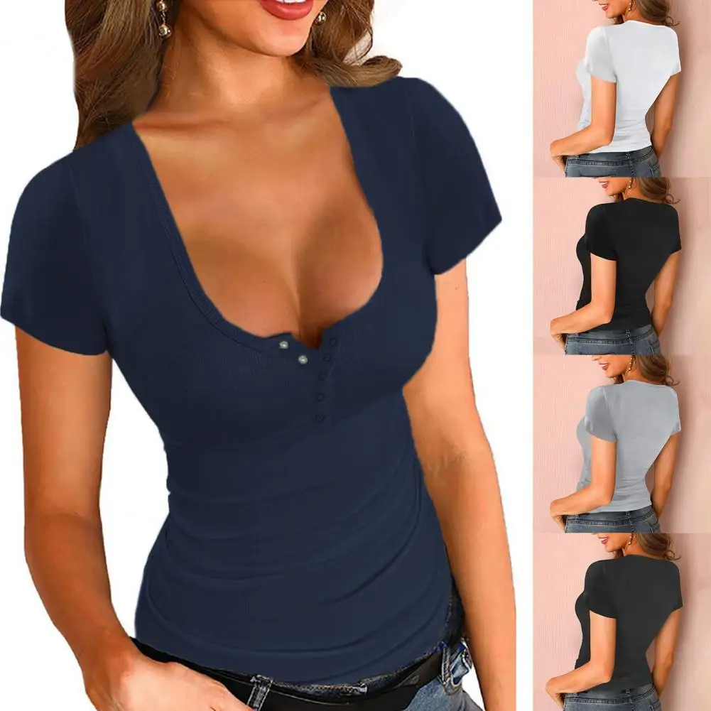 

Hot Sales Sexy Women T-shirt U Neck Solid Color Low Cut Short Sleeve Slim Blouse Top for Summer