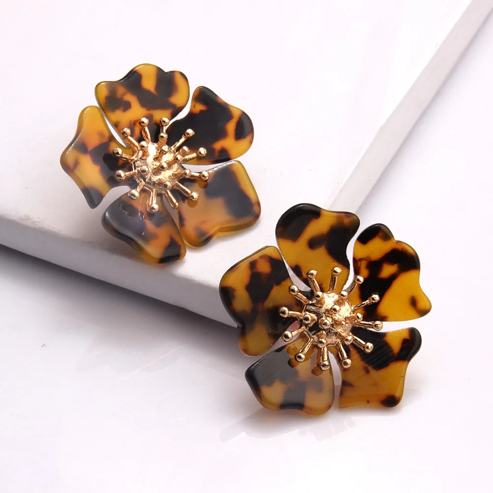 Elegant Flower Acrylic Metal Heart Stud Earring For Women Girl Fashion Leopard Print Acetic Acid Sheet Jewelry | Украшения и