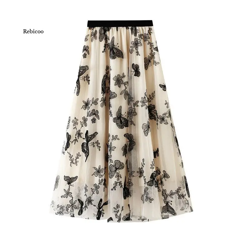 

Women Tulle Skirt Long Vintage Butterfly Embroidery Elastic High Waist A-Line Mesh Pleated Skirt Female Midi Skirt Faldas Jupe
