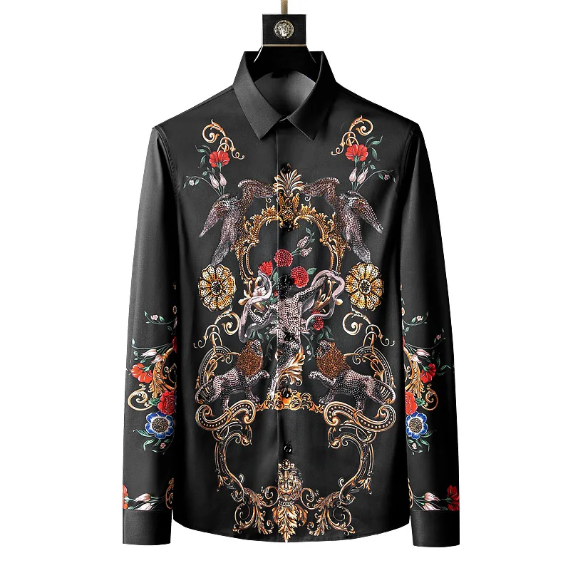 

Men's shirt trend European digital printing hot drill shirt long sleeve slim no iron men's shirt trend personality high grade