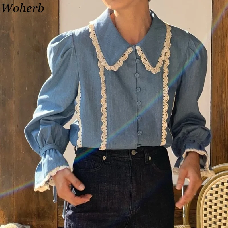 Woherb Корейская винтажная блузка женские шикарные кружевные блузки отложной
