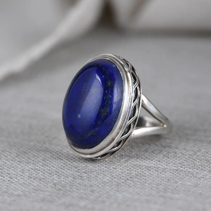 

FNJ 925 Silver Rings Lapis Lazuli 100% Real Original S925 Solid Prue Silver Ring for Women Jewelry Vintage Oval
