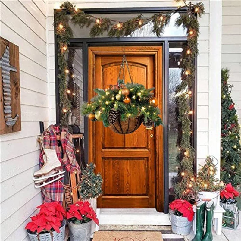 Artificial Christmas Hanging Basket Flocked with Mixed Decorations and LED Lights Ornament Xmas Home Decor Promotion | Дом и сад