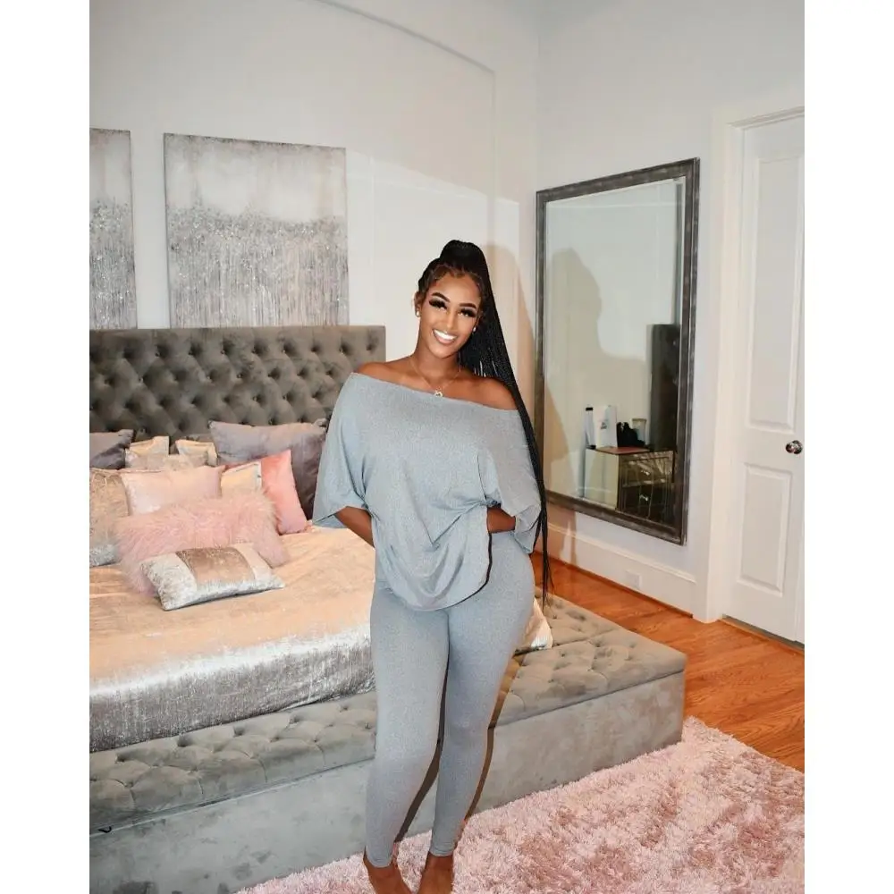 

2pcs Trousers Outfits for Women Backless Twist Knot Off Shoulder Half Sleeve Loose Top Irregular Hem+Body Con Straight Pants Set