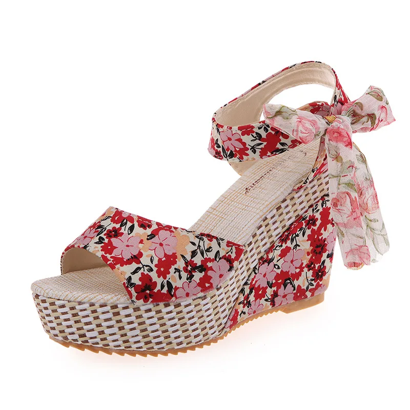 

Platform wedge high heel fish mouth women's sandals platform with flower ribbon fashion sandals sandalias mujer 2021