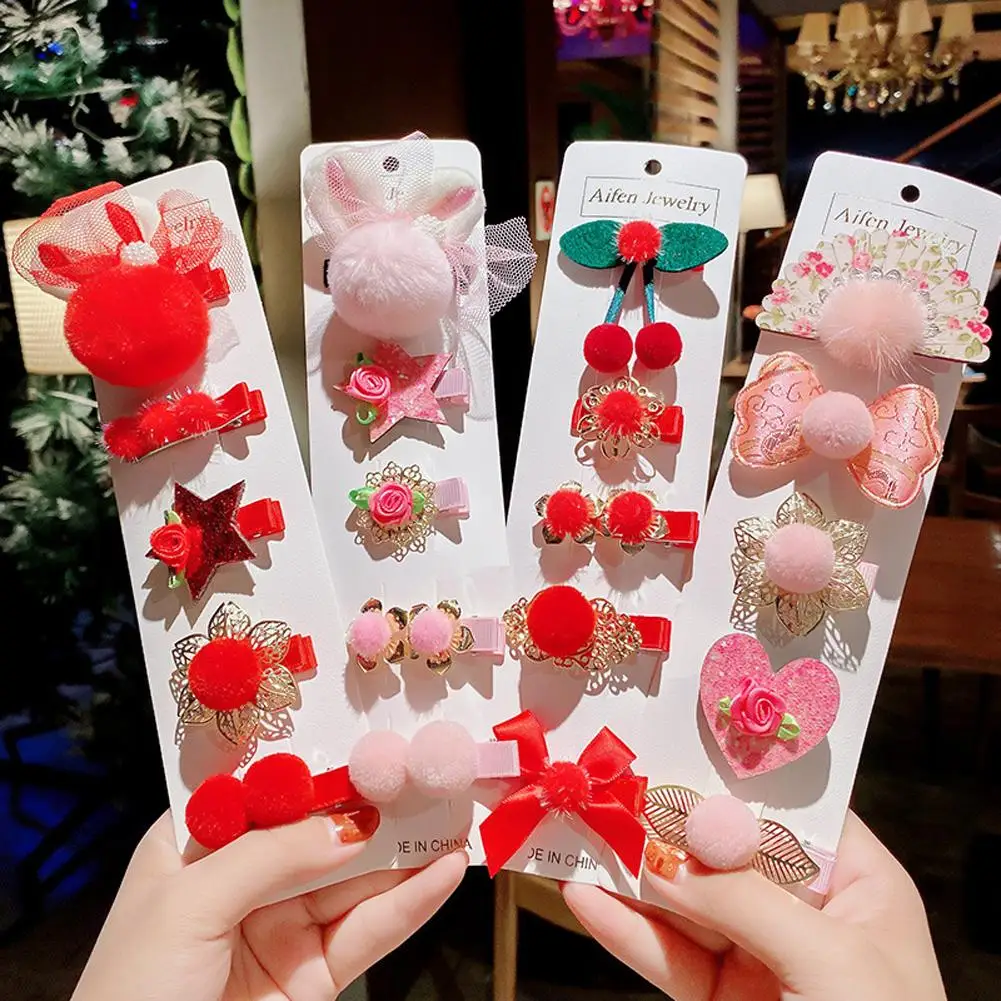 

5Pcs Chinese Style Bowknot Plush Hair Clips Set for Kids Girls New Year Wear