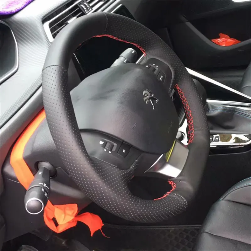 Leather Hand Sewing Car Steering Wheel Cover 38cm for Peugeot 208 2012- 2008 2013- 308 308sw