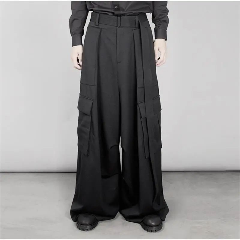 Spring and Autumn New Men's High Waist Pants Black Super Long A-shaped Floor-sweeping Bell Bottoms Super Loose Wide Leg Pants