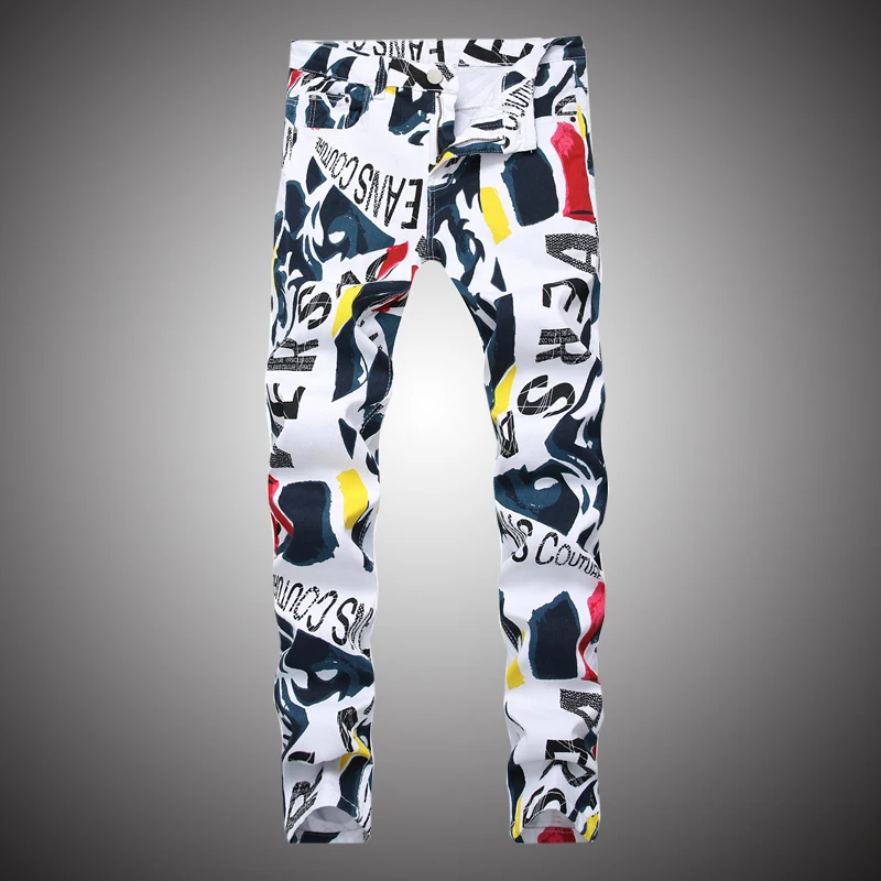 

Брюки-Карандаш мужские из денима, модные эластичные штаны с принтом, повседневные узкие брюки, цвет белый, модель BP078