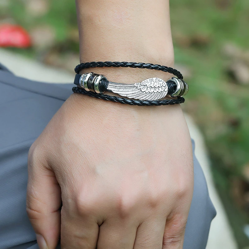 Fashion Punk Black Men Bracelet Vintage Multilayer Feather Angel Wing Charm Braided Leather Rope Chain Bangle Wristbands Jewelry | Украшения