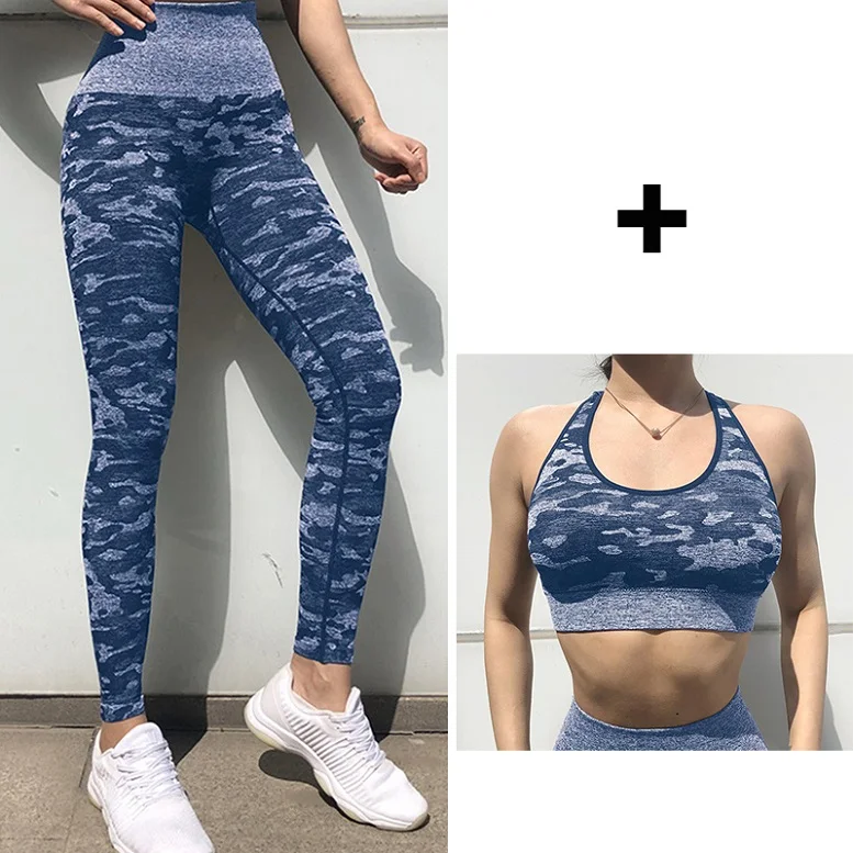 Blue Set Женские Бесшовные штаны для йоги, высокая талия, Спортивные Леггинсы, для тренажерного зала, фитнеса, тренировки, камуфляжные, длинные колготки для бега, для девушек, сексуальные, попки - Цвет: Blue Set