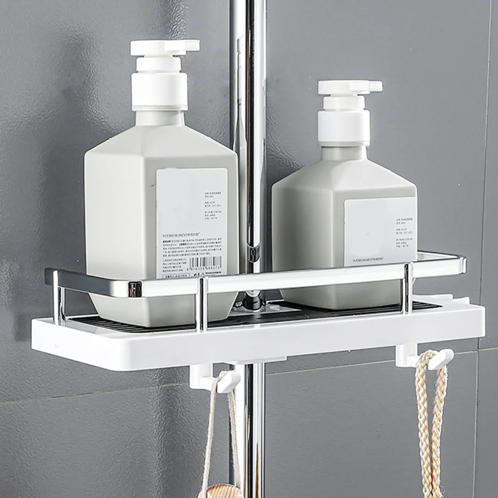 

Bathroom Storage Rack Shampoo Rack With Towel Hooks No Drilling Lifting Rod Organizer Shelf Shower Rack Bathroom Accessories