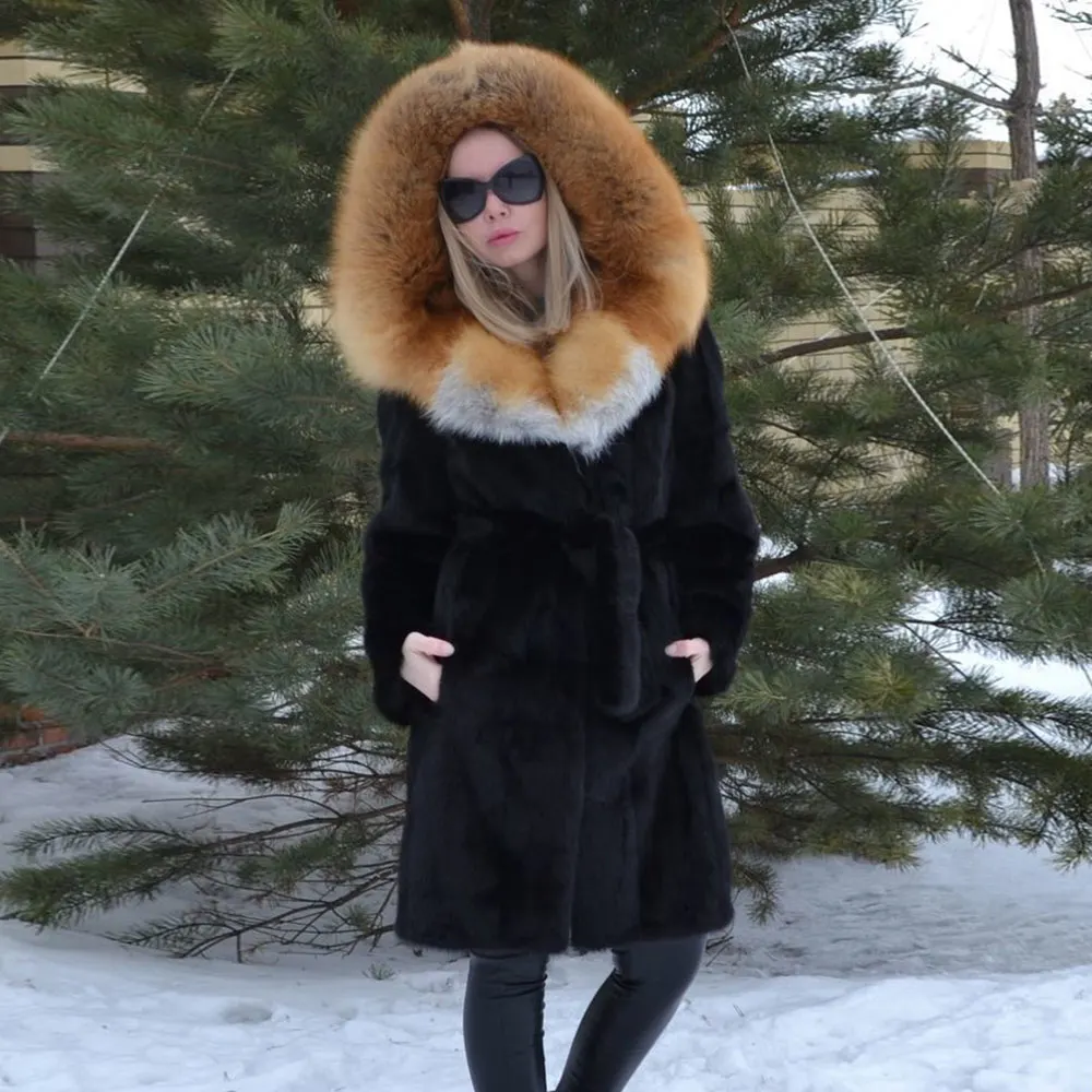 red fox fur 2 Горячее предложение, натуральное меховое пальто для женщин, Полный Пелт, мех кролика Рекс, пальто, Зимняя парка, верхняя одежда, шнуровка на талии, верхняя одежда, Лисий мех, капюшон - Цвет: red fox fur 2