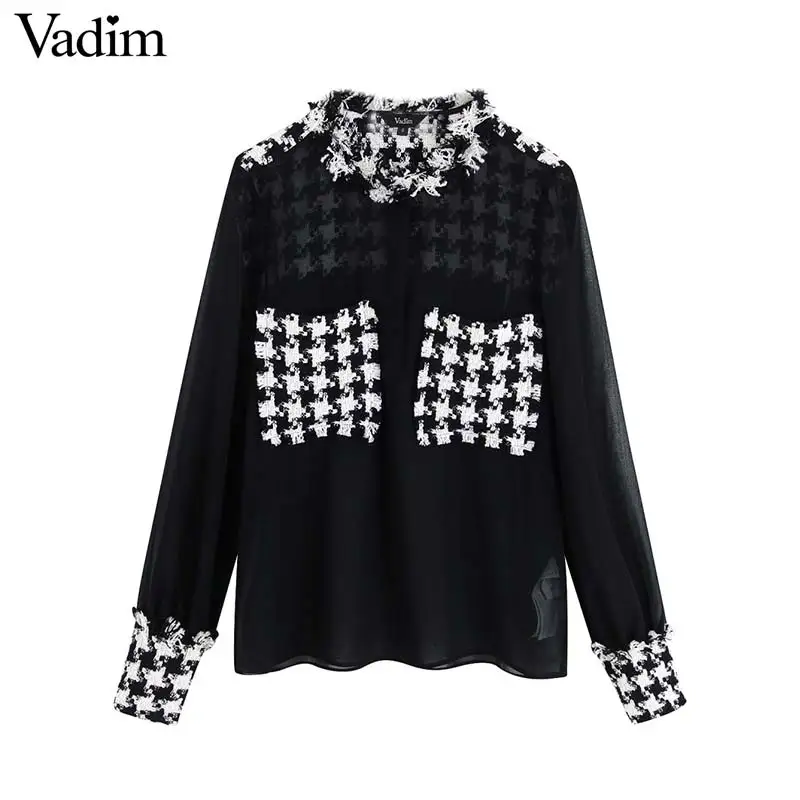 Vadim Женская шикарная Лоскутная Блузка из твида Прозрачная с длинным рукавом
