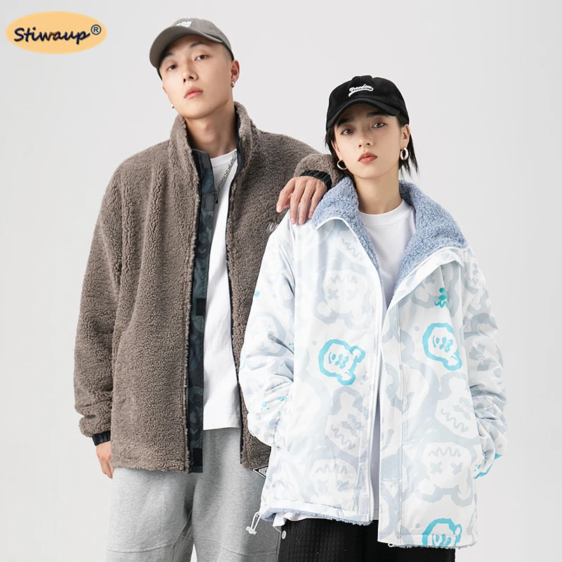 

Men's Winter Coat for Women Women's Both Sides Stand Collar Berber Fleece Padded Couple Jacket Coat 2021 Print Fashion Outerwear