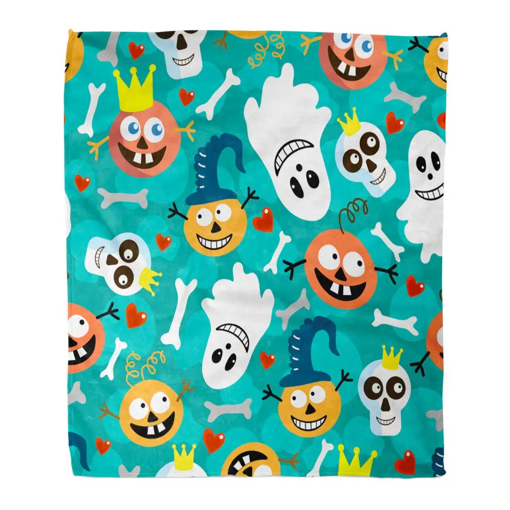 

Asjdad одеяло дюйм Хэллоуин черепа тыквы призраки сердца синяя семья традиционный праздничный фон легкий пушистый