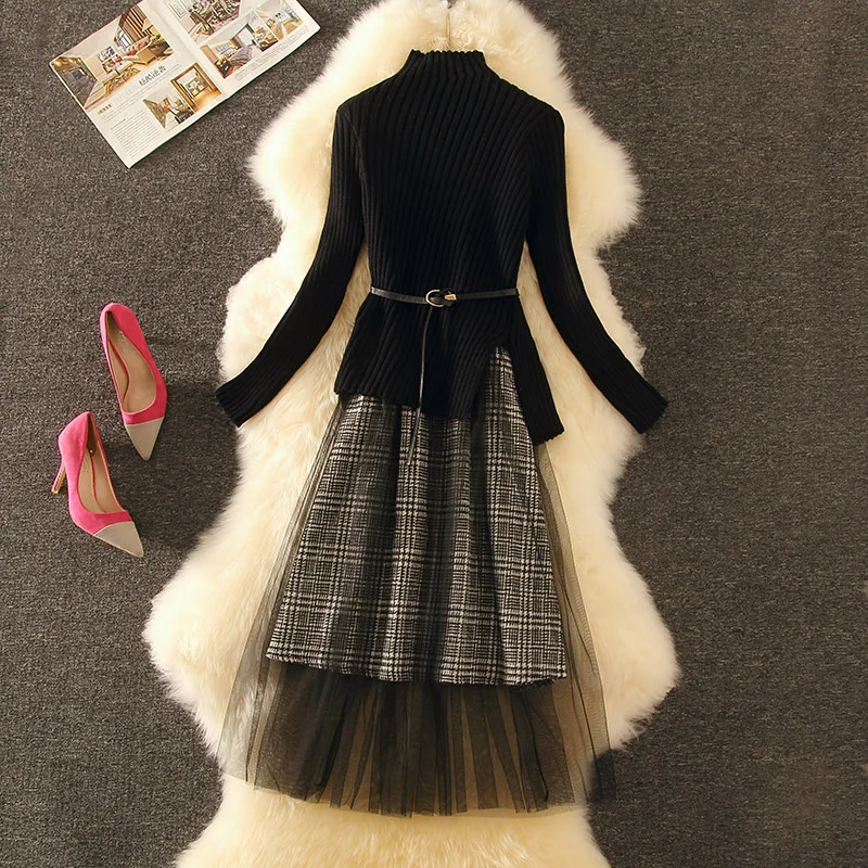 Женский трикотажный комплект из 2 предметов винтажный платья-свитера с высоким