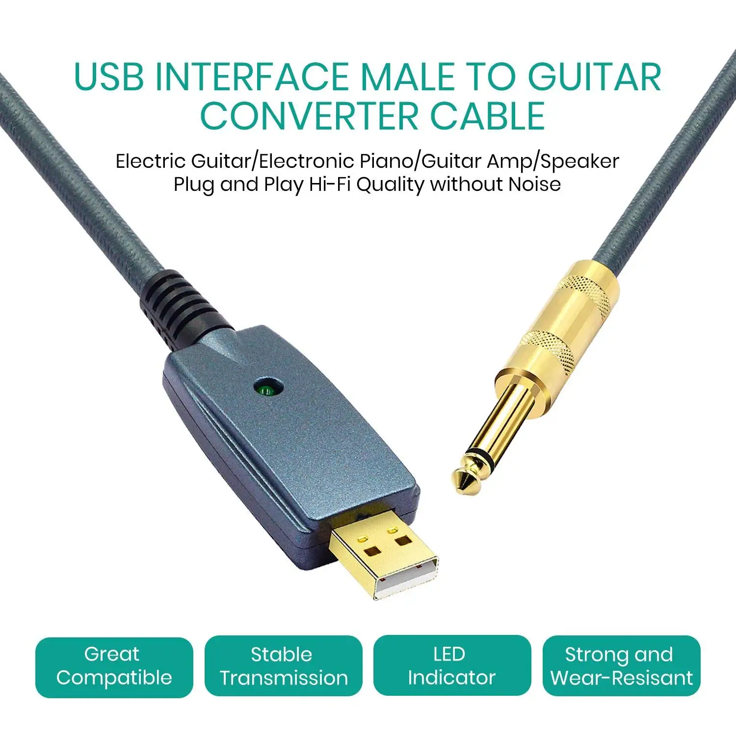 3m Guitar Cable USB Interface to 6.35mm Jack Electric Accessories Audio Connector Cord Adapter for Muscial Instruments - купить по
