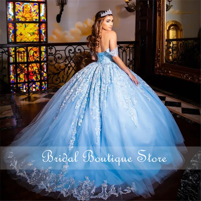 Светильник-голубое платье принцессы Quinceanera с открытыми плечами Кружевная