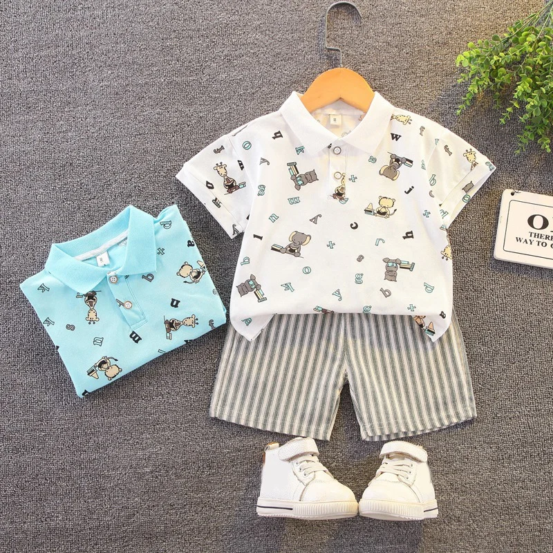 

Kid Boys Lapel Print Short-Sleeved Striped Shorts Suit Summer New Fashion Soft Cotton Shirt Tops Children's Clothes Set