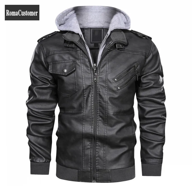 

Autumn Winter New Mens Slim Zippers PU Leather Jackets Male Short Solid Hooded Pockets Business Casual Outerwear British Style