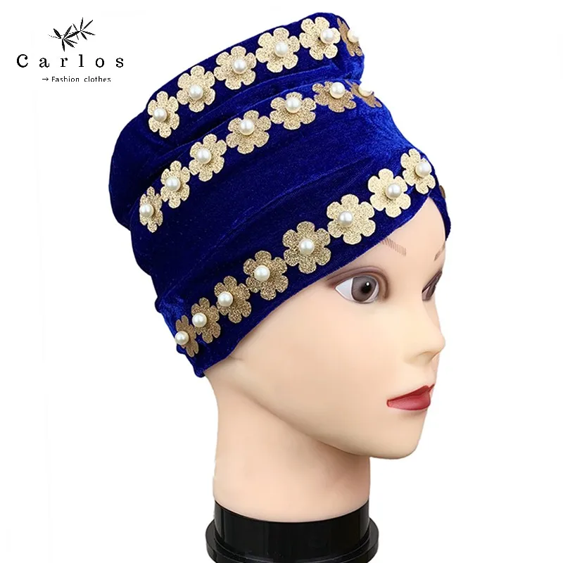 Wholesale Main Stream New Fashion Velvet  Women Muslim Turban Color Cotton Bandanas Bead Braid Headwraps Women Hair Accessories images - 6