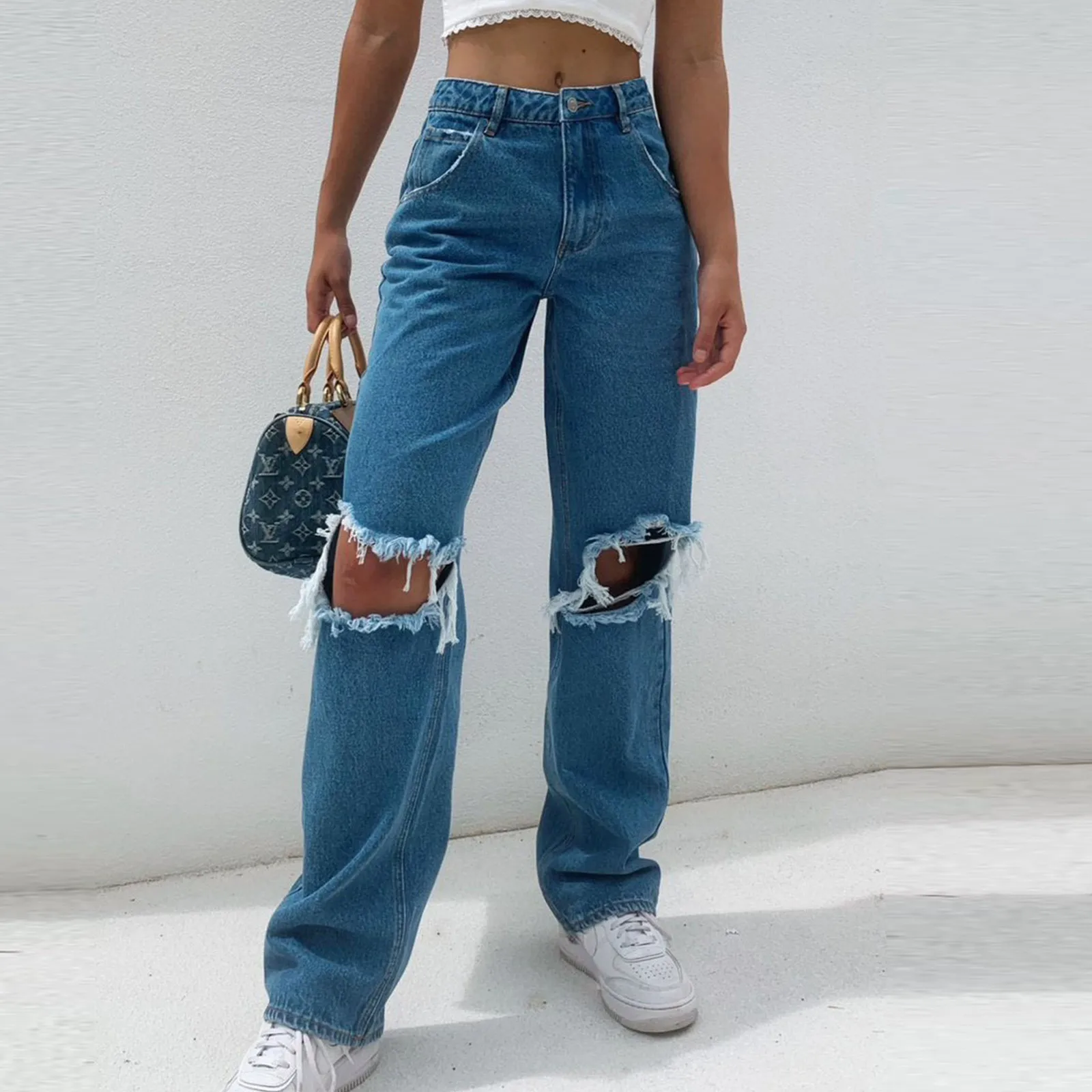 High Waist Jeans Women Sexy Hole Straight Denim Pants Loose Casual High Street Denim Trousers Pantalon