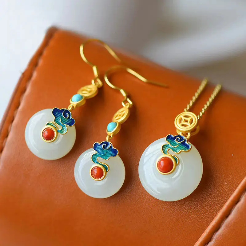 

Vintage S925 Sterling Silver Cloisonne Earrings Hetian Jade Safety Buckle Pendant Necklace Ethnic Style to Give Mom Women's Suit