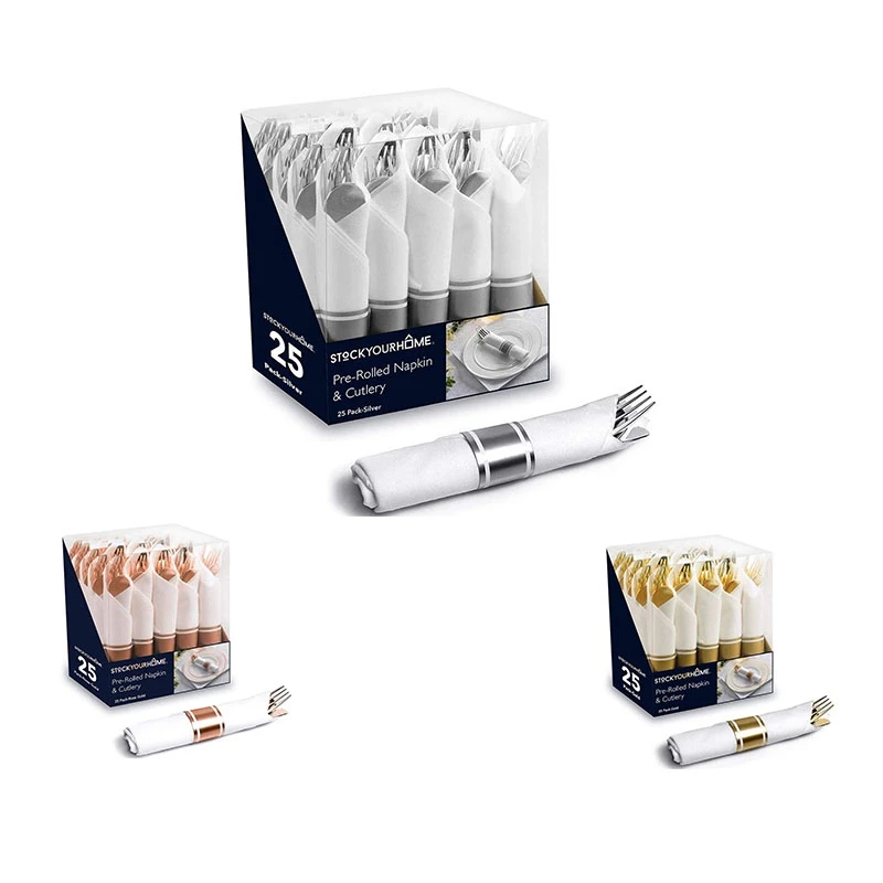 

25Pcs/Lot Plastic Knife Fork Spoon Cutlery Napkin Set, Wedding Supplies, Wedding Table Decoration Bridal Party