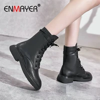 enmayer 2020 ankle boots for women genuine leather round toe lace up motorcycle boots square heel winter women shoes size 34 39