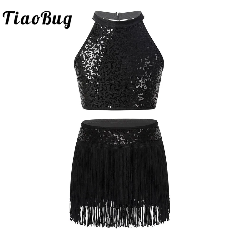 

TiaoBug Kids Sequins Crop Top with Tassel Shorts Skirt Fringe Latin Dance Dress Girls Ballet Gymnastics Performance Costume