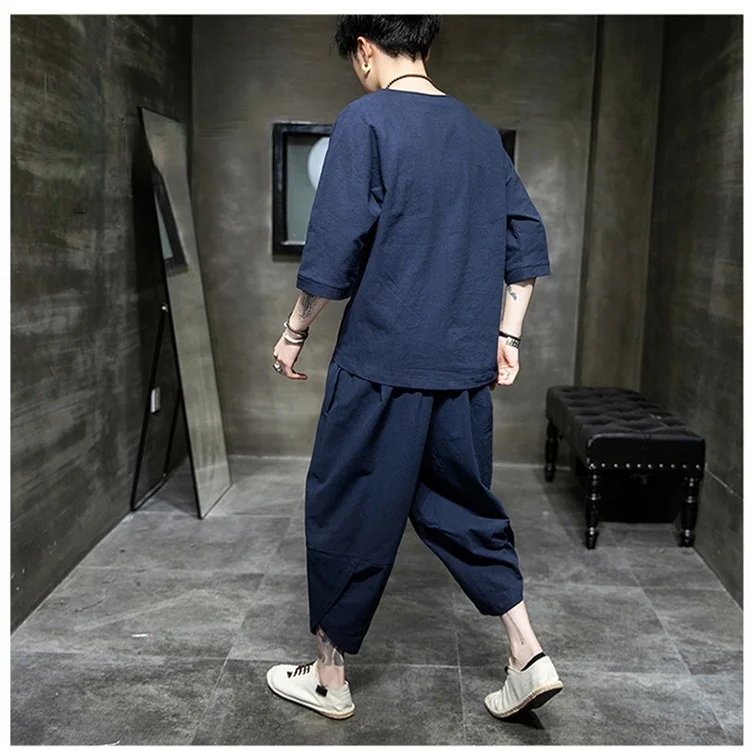 Костюм-кимоно мужской в японском стиле рубашка с коротким рукавом и брюки топ