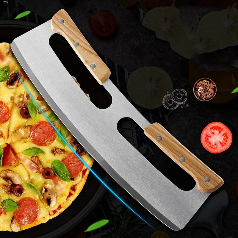 

Pizza Cutter Stainless Steel Wooden Double Handle Pizza Cutter Dough Slicer Pie Pizza Cutting Tool Pizza Rocker Kitchen