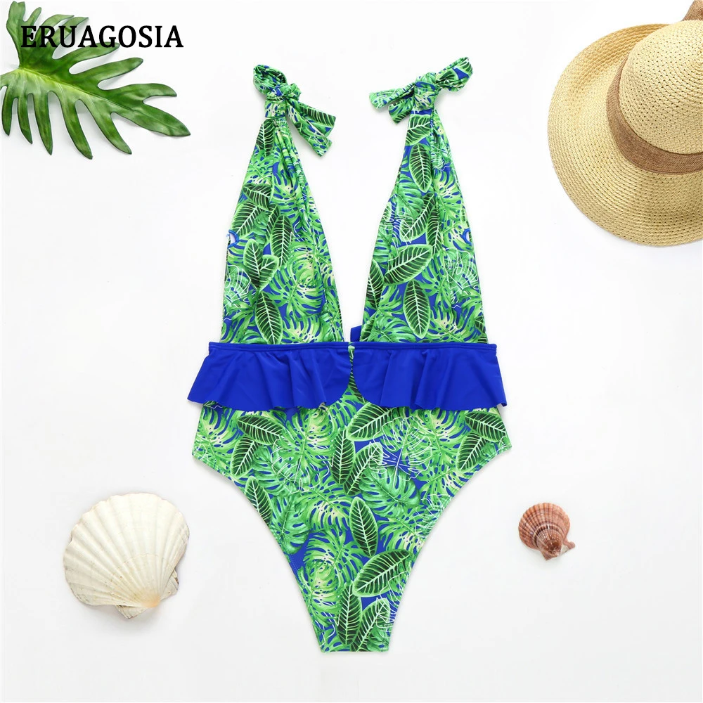 

Leafy Swimsuit One Piece Push Up Sexy Deep V Neck Swimwear Women Biquini 2020 Ruffle Bathing Suit Monokini Bodysuits Beach Wear