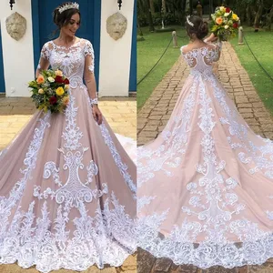 Champagne Lining Wedding Dresses with Long Sleeve 2021 Jewel Lace Applique Princess Castle Garden Wedding Gown Robe de mariée