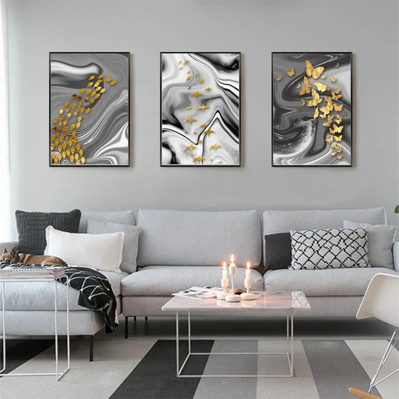 Абстрактная Картина на холсте с изображением золотой рыбы и бабочки|Рисование