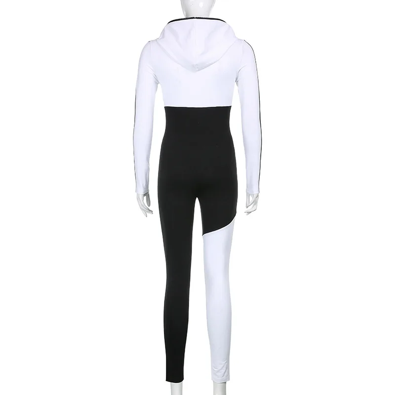 

Cutubly Casual Romper Zip Up Sexy Jumpsuit Long Sleeve Jumpsuit For Women Autumn Winter Fashion 2020 Patchwork Hooded