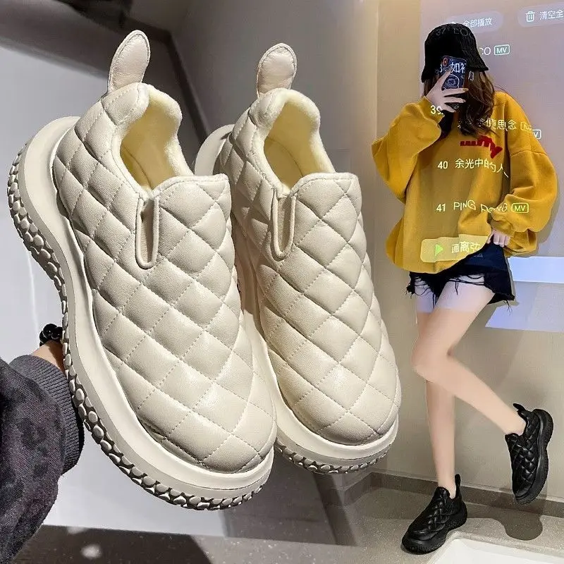 

Cotton Shoes Women Plus Velvet Diamond Pattern Bread Shoes Women One Pedal Big Head Loafer Shoes Small Crowd Thick Bottom Casual
