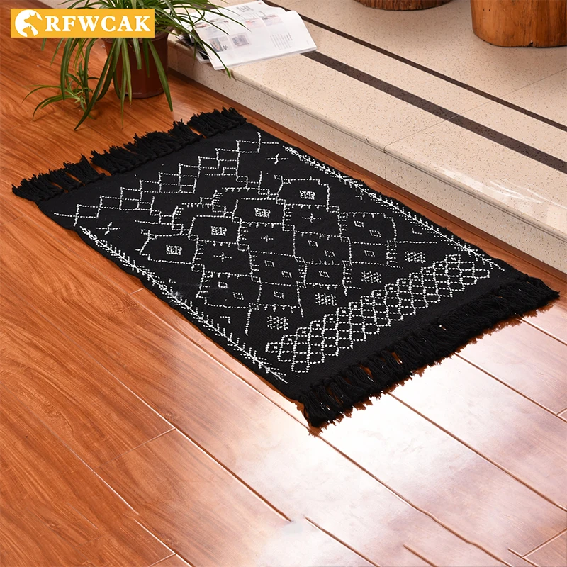 

Modern Simple Cotton And Linen Woven Non-slip Printed Carpet Tassel Home Doormat Living Room Bedroom Bedside Mat Rhombus Tatami