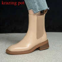 krazing pot cow leather round toe chelsea boots slip on british school fairy lady keep warm casual lazy style ankle boots l33