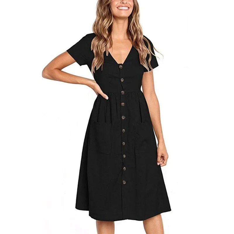 

Woman Summer Dress 2021 Hot Selling Popular Fashion V-neck Button All-match Pocket Short-Sleeved Dresses Vestidoes ONY0864