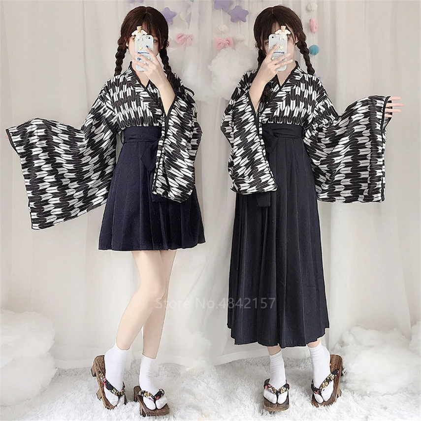 Платье кимоно с перо японский Стиль Kawaii для девочек юката длинный рукав Haori